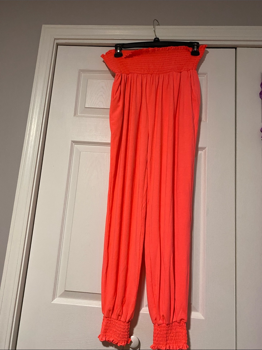 Zenana Outfitters Neon Coral Smocked Waist Track Pants